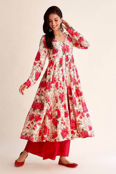 Buy Roze Red Chanderi, Organza Embroidery Round Khwaab Blossom Print Anarkali Pant Set Online at Aza Fashions Buy_Roze_Red Chanderi, Organza Embroidery Round Khwaab Blossom Print Anarkali Pant Set_Online_at_Aza_Fashions