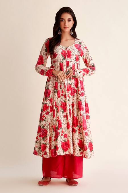 Shop Roze Red Chanderi, Organza Embroidery Round Khwaab Blossom Print Anarkali Pant Set Online at Aza Fashions Shop_Roze_Red Chanderi, Organza Embroidery Round Khwaab Blossom Print Anarkali Pant Set_Online_at_Aza_Fashions