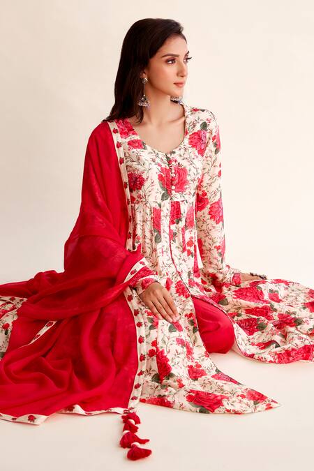 Buy Roze Red Chanderi, Organza Embroidery Round Khwaab Blossom Print Anarkali Pant Set Buy_Roze_Red Chanderi, Organza Embroidery Round Khwaab Blossom Print Anarkali Pant Set
