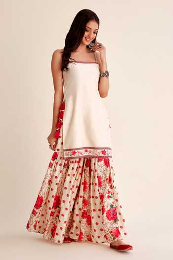 Buy_Roze_Red Chanderi, Organza Embroidery Mahfil Floral Print Gharara Kurta Set _Online_at_Aza_Fashions