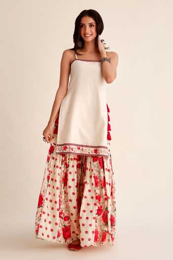 Shop_Roze_Red Chanderi, Organza Embroidery Mahfil Floral Print Gharara Kurta Set _Online_at_Aza_Fashions