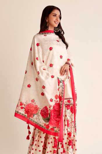 Roze_Red Chanderi, Organza Embroidery Mahfil Floral Print Gharara Kurta Set _at_Aza_Fashions
