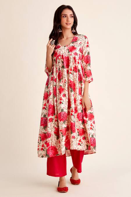 Roze_Red Chanderi, Organza Embroidery V-neck Muskaan Garden Print Anarkali Pant Set_Online_at_Aza_Fashions