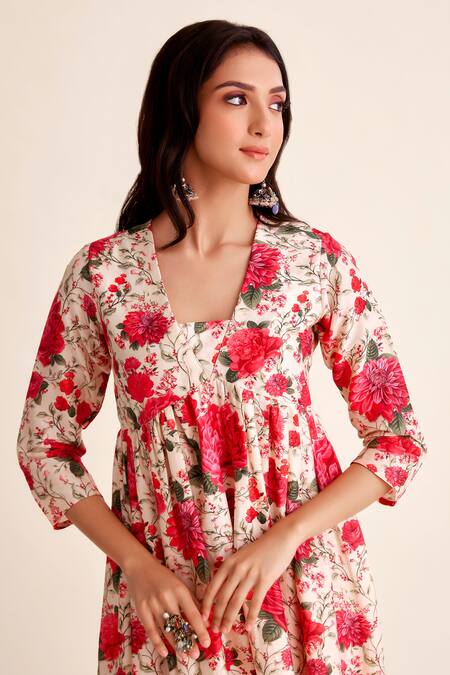 Buy_Roze_Red Chanderi, Organza Embroidery V-neck Muskaan Garden Print Anarkali Pant Set_Online_at_Aza_Fashions