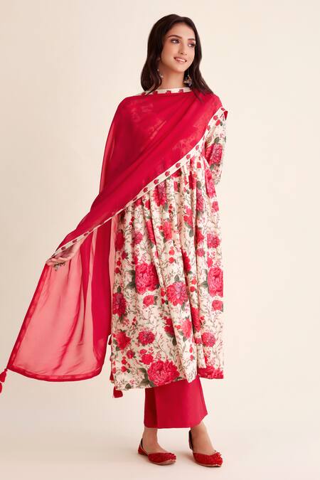 Shop_Roze_Red Chanderi, Organza Embroidery V-neck Muskaan Garden Print Anarkali Pant Set_Online_at_Aza_Fashions