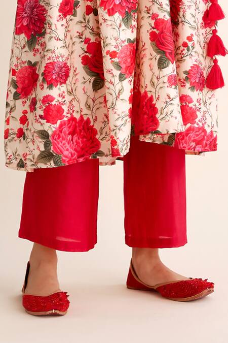 Roze_Red Chanderi, Organza Embroidery V-neck Muskaan Garden Print Anarkali Pant Set_at_Aza_Fashions