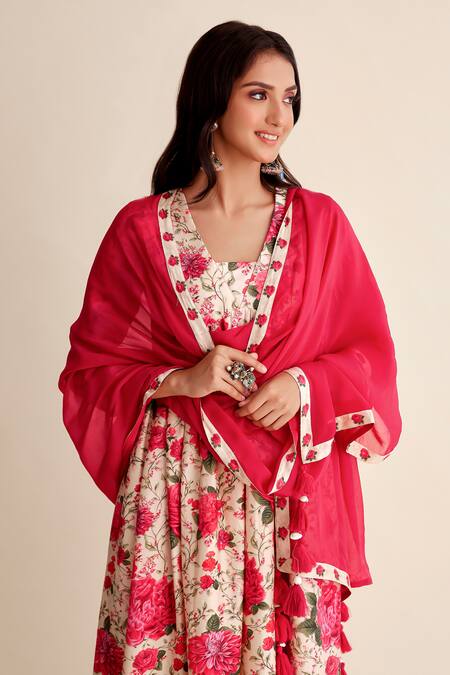 Buy_Roze_Red Chanderi, Organza Embroidery V-neck Muskaan Garden Print Anarkali Pant Set