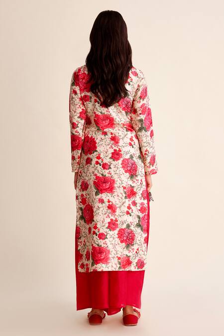 Shop Roze Red Chanderi Keyhole Neck Roshan Floral Blossom Print Kurta Pant Set at Aza Fashions Shop_Roze_Red Chanderi Keyhole Neck Roshan Floral Blossom Print Kurta Pant Set_at_Aza_Fashions