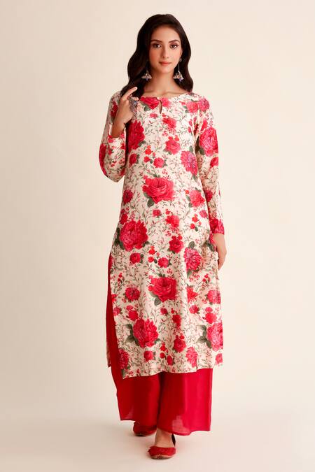 Roze Red Chanderi Keyhole Neck Roshan Floral Blossom Print Kurta Pant Set Online at Aza Fashions Roze_Red Chanderi Keyhole Neck Roshan Floral Blossom Print Kurta Pant Set_Online_at_Aza_Fashions