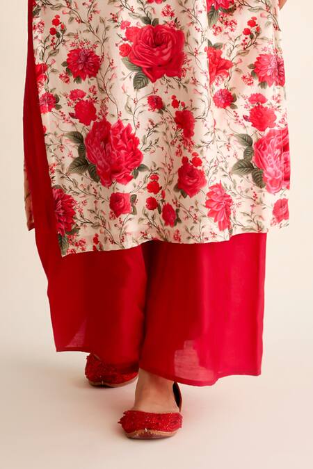 Buy Roze Red Chanderi Keyhole Neck Roshan Floral Blossom Print Kurta Pant Set Online at Aza Fashions Buy_Roze_Red Chanderi Keyhole Neck Roshan Floral Blossom Print Kurta Pant Set_Online_at_Aza_Fashions