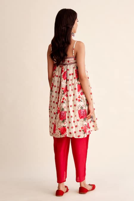 Shop Roze Red Chanderi Embroidery Round Neck Roshni Blossom Strappy Kurta With Dhoti Pant at Aza Fashions Shop_Roze_Red Chanderi Embroidery Round Neck Roshni Blossom Strappy Kurta With Dhoti Pant _at_Aza_Fashions