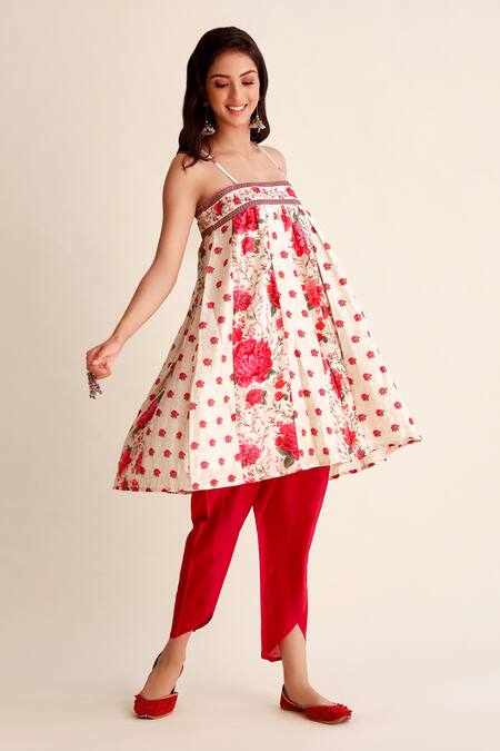 Roze Red Chanderi Embroidery Round Neck Roshni Blossom Strappy Kurta With Dhoti Pant Online at Aza Fashions Roze_Red Chanderi Embroidery Round Neck Roshni Blossom Strappy Kurta With Dhoti Pant _Online_at_Aza_Fashions