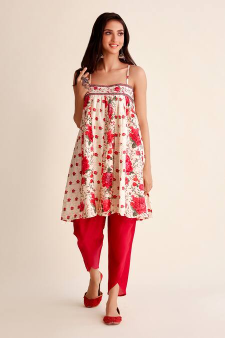 Buy Roze Red Chanderi Embroidery Round Neck Roshni Blossom Strappy Kurta With Dhoti Pant Online at Aza Fashions Buy_Roze_Red Chanderi Embroidery Round Neck Roshni Blossom Strappy Kurta With Dhoti Pant _Online_at_Aza_Fashions