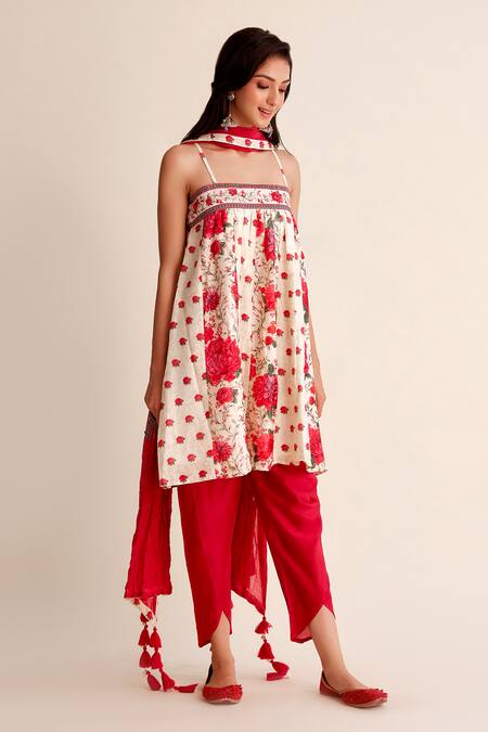 Shop Roze Red Chanderi Embroidery Round Neck Roshni Blossom Strappy Kurta With Dhoti Pant Online at Aza Fashions Shop_Roze_Red Chanderi Embroidery Round Neck Roshni Blossom Strappy Kurta With Dhoti Pant _Online_at_Aza_Fashions