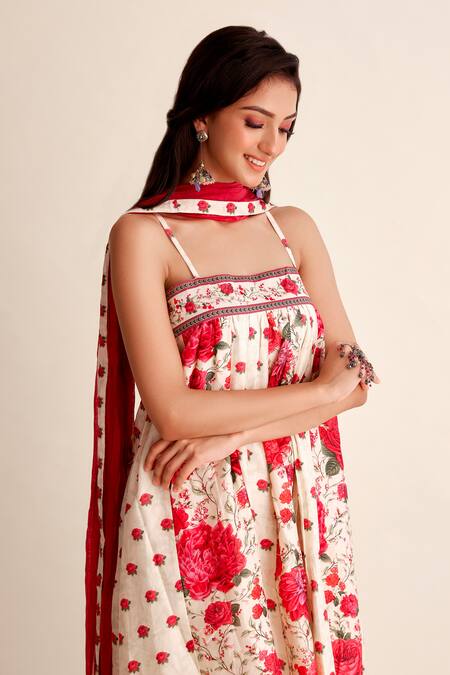 Roze Red Chanderi Embroidery Round Neck Roshni Blossom Strappy Kurta With Dhoti Pant at Aza Fashions Roze_Red Chanderi Embroidery Round Neck Roshni Blossom Strappy Kurta With Dhoti Pant _at_Aza_Fashions