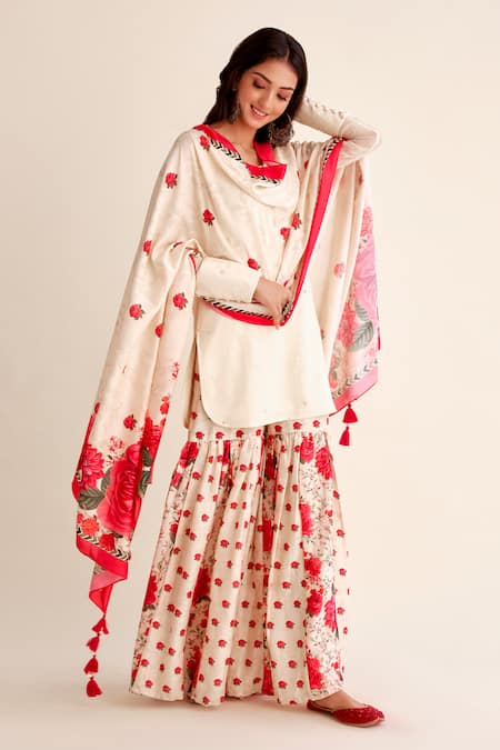 Roze White Kurta And Gharara Pure Chanderi Printed Floral Shabnam Mirrorwork Set 