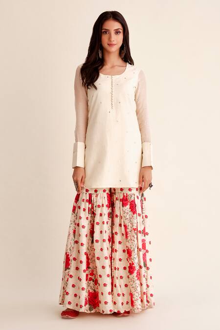 Roze_White Chanderi, Organza Mirrors, Shabnam Mirrorwork Kurta Gharara Set _Online_at_Aza_Fashions