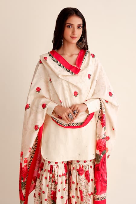 Buy_Roze_White Chanderi, Organza Mirrors, Shabnam Mirrorwork Kurta Gharara Set _Online_at_Aza_Fashions
