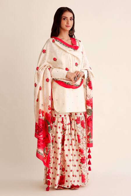 Shop_Roze_White Chanderi, Organza Mirrors, Shabnam Mirrorwork Kurta Gharara Set _Online_at_Aza_Fashions