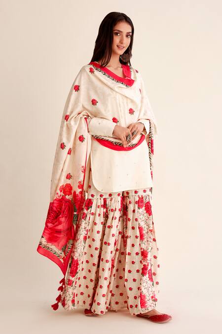 Roze_White Chanderi, Organza Mirrors, Shabnam Mirrorwork Kurta Gharara Set _at_Aza_Fashions