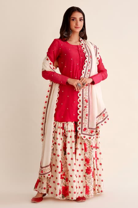 Roze Red Chanderi, Organza Embroidery, Shabnam Floral Print Gharara Kurta Set 