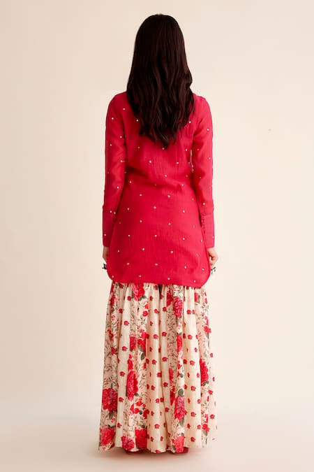 Shop Roze Red Chanderi, Organza Embroidery, Shabnam Floral Print Gharara Kurta Set at Aza Fashions Shop_Roze_Red Chanderi, Organza Embroidery, Shabnam Floral Print Gharara Kurta Set _at_Aza_Fashions