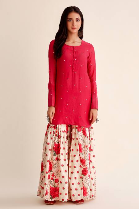 Roze Red Chanderi, Organza Embroidery, Shabnam Floral Print Gharara Kurta Set Online at Aza Fashions Roze_Red Chanderi, Organza Embroidery, Shabnam Floral Print Gharara Kurta Set _Online_at_Aza_Fashions