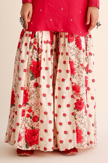 Buy Roze Red Chanderi, Organza Embroidery, Shabnam Floral Print Gharara Kurta Set Online at Aza Fashions Buy_Roze_Red Chanderi, Organza Embroidery, Shabnam Floral Print Gharara Kurta Set _Online_at_Aza_Fashions