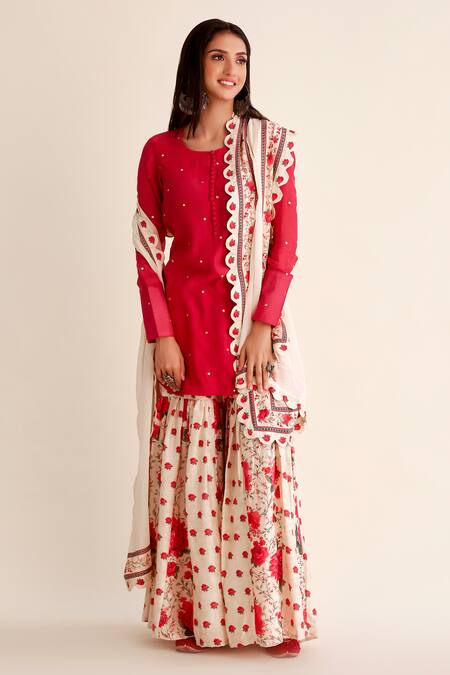 Buy Roze Red Chanderi, Organza Embroidery, Shabnam Floral Print Gharara Kurta Set Buy_Roze_Red Chanderi, Organza Embroidery, Shabnam Floral Print Gharara Kurta Set