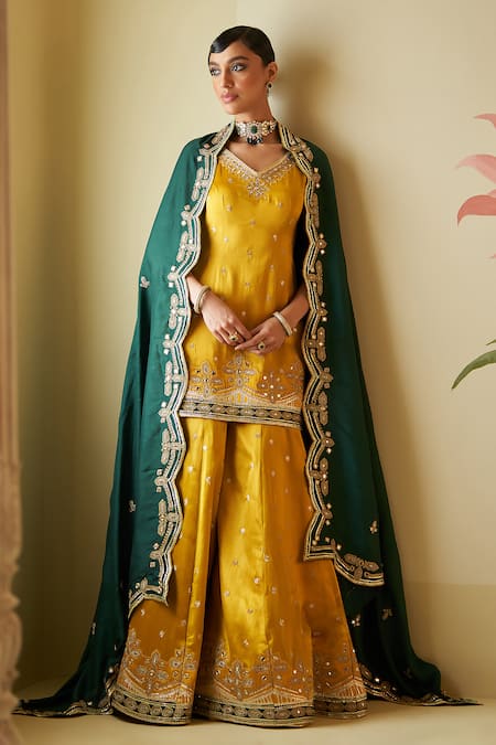 Angad Singh Yellow Satin Silk Embroidered Appliques V Neck Sharara Set