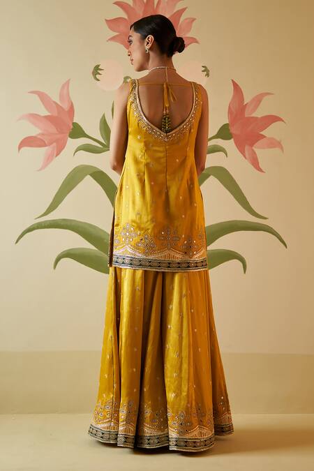 Angad Singh Yellow Satin, Silk, Crepe Mirrors, Zari, Applique, Embroidery V-neck Sharara Set Online at Aza Fashions Angad Singh_Yellow Satin, Silk, Crepe Mirrors, Zari, Applique, Embroidery V-neck Sharara Set _Online_at_Aza_Fashions