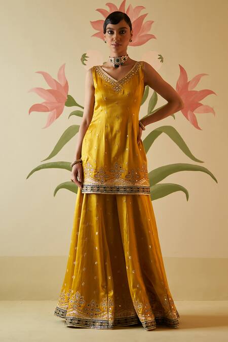 Buy Angad Singh Yellow Satin, Silk, Crepe Mirrors, Zari, Applique, Embroidery V-neck Sharara Set Online at Aza Fashions Buy_Angad Singh_Yellow Satin, Silk, Crepe Mirrors, Zari, Applique, Embroidery V-neck Sharara Set _Online_at_Aza_Fashions