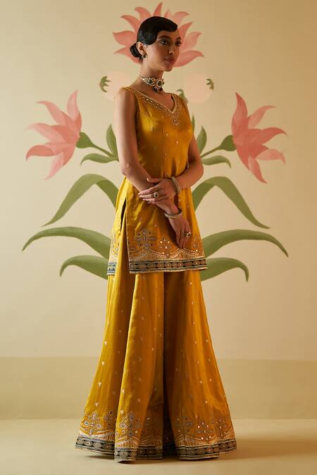 Shop Angad Singh Yellow Satin, Silk, Crepe Mirrors, Zari, Applique, Embroidery V-neck Sharara Set Online at Aza Fashions Shop_Angad Singh_Yellow Satin, Silk, Crepe Mirrors, Zari, Applique, Embroidery V-neck Sharara Set _Online_at_Aza_Fashions