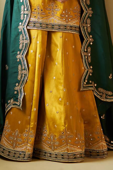 Angad Singh Yellow Satin, Silk, Crepe Mirrors, Zari, Applique, Embroidery V-neck Sharara Set at Aza Fashions Angad Singh_Yellow Satin, Silk, Crepe Mirrors, Zari, Applique, Embroidery V-neck Sharara Set _at_Aza_Fashions