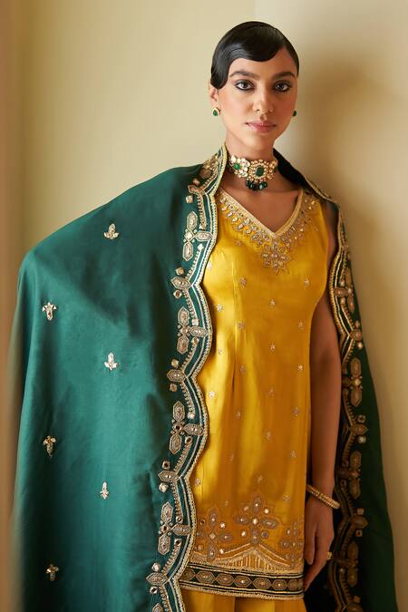 Buy Angad Singh Yellow Satin, Silk, Crepe Mirrors, Zari, Applique, Embroidery V-neck Sharara Set Buy_Angad Singh_Yellow Satin, Silk, Crepe Mirrors, Zari, Applique, Embroidery V-neck Sharara Set