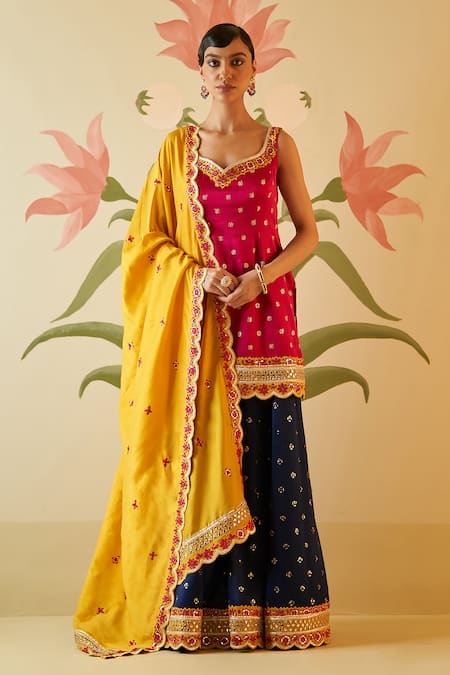 Angad Singh_Pink Silk, Crepe Embroidery, Tassels, Zari Floral Kurta Sharara Set _Online_at_Aza_Fashions