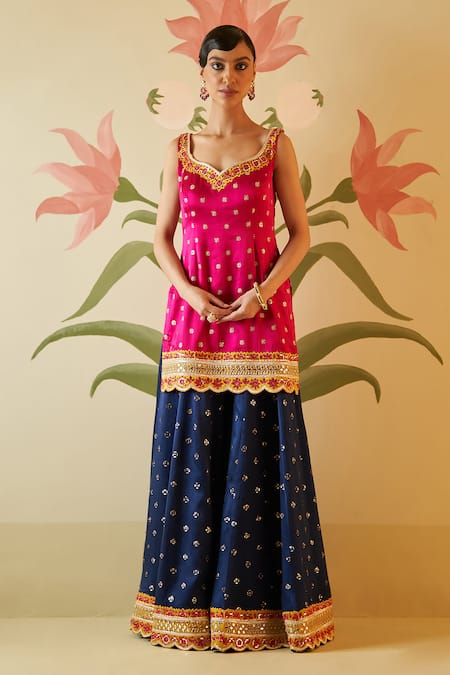 Angad Singh_Pink Silk, Crepe Embroidery, Tassels, Zari Floral Kurta Sharara Set _at_Aza_Fashions