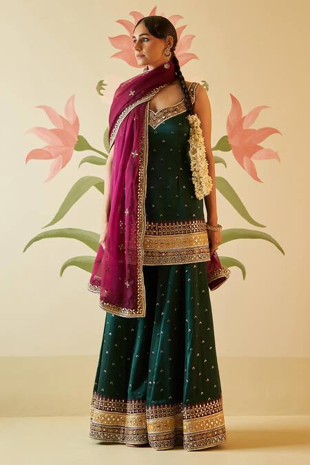 Angad Singh Green Silk, Crepe Embroidery, Zari, Mirrors Boat Neck Kurta Sharara Set Online at Aza Fashions Angad Singh_Green Silk, Crepe Embroidery, Zari, Mirrors Boat Neck Kurta Sharara Set _Online_at_Aza_Fashions
