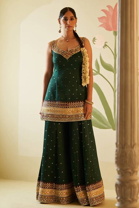 Angad Singh Green Silk, Crepe Embroidery, Zari, Mirrors Boat Neck Kurta Sharara Set at Aza Fashions Angad Singh_Green Silk, Crepe Embroidery, Zari, Mirrors Boat Neck Kurta Sharara Set _at_Aza_Fashions