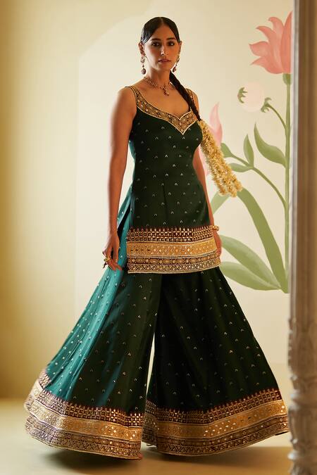 Buy Angad Singh Green Silk, Crepe Embroidery, Zari, Mirrors Boat Neck Kurta Sharara Set Buy_Angad Singh_Green Silk, Crepe Embroidery, Zari, Mirrors Boat Neck Kurta Sharara Set