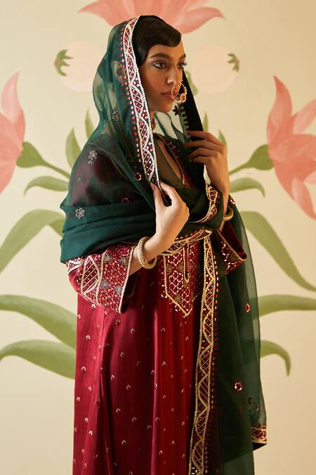 Angad Singh Maroon Satin, Silk, Crepe Embroidery, Mirrors V-neck Zari Choga Pant Set Online at Aza Fashions Angad Singh_Maroon Satin, Silk, Crepe Embroidery, Mirrors V-neck Zari Choga Pant Set _Online_at_Aza_Fashions