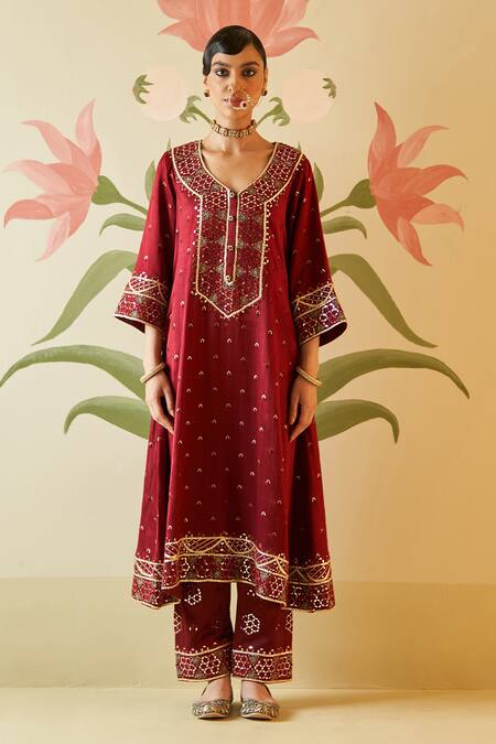 Shop Angad Singh Maroon Satin, Silk, Crepe Embroidery, Mirrors V-neck Zari Choga Pant Set Online at Aza Fashions Shop_Angad Singh_Maroon Satin, Silk, Crepe Embroidery, Mirrors V-neck Zari Choga Pant Set _Online_at_Aza_Fashions