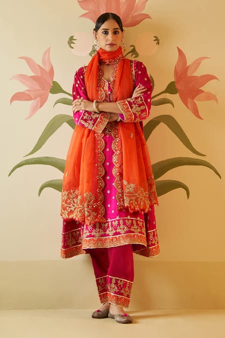 Angad Singh Pink Silk Embroidered Appliques V Neck Floral Choga Pant Set