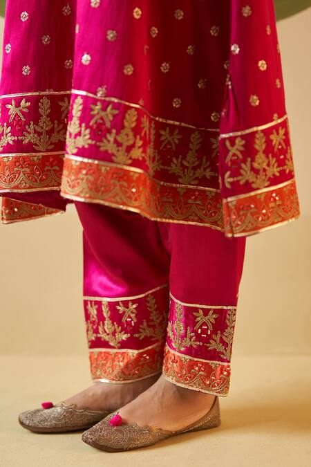 Shop_Angad Singh_Pink Silk, Crepe Embroidery V-neck Floral Choga Pant Set _Online_at_Aza_Fashions
