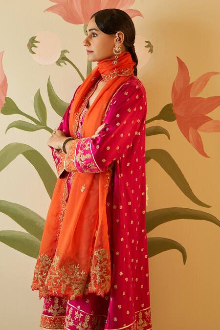 Angad Singh_Pink Silk, Crepe Embroidery V-neck Floral Choga Pant Set _at_Aza_Fashions