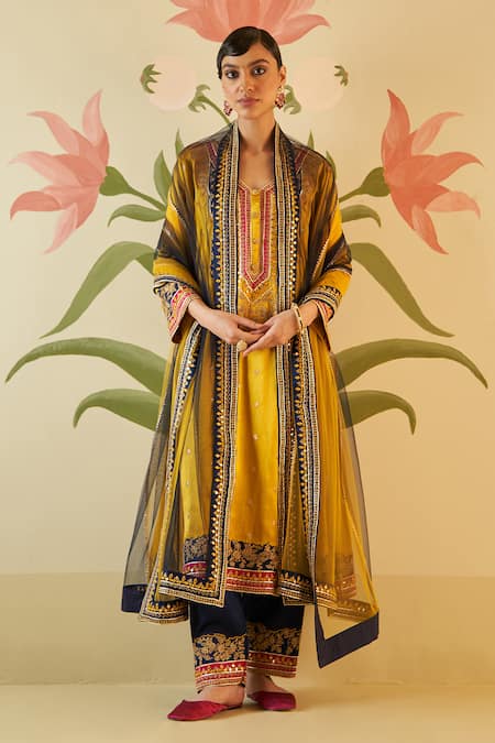 Angad Singh Yellow Silk Embroidered Appliques V Neck Choga Pant Set