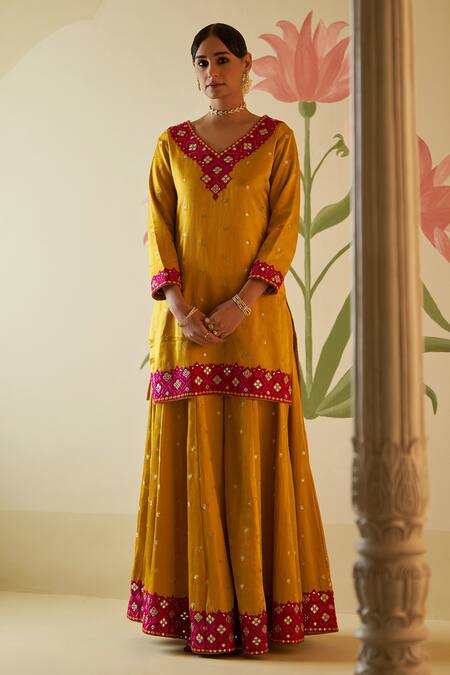 Angad Singh_Yellow Satin, Silk, Crepe Embroidery, Zari, Mirrors Resham Kurta Sharara Set _Online_at_Aza_Fashions