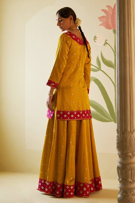 Buy_Angad Singh_Yellow Satin, Silk, Crepe Embroidery, Zari, Mirrors Resham Kurta Sharara Set _Online_at_Aza_Fashions