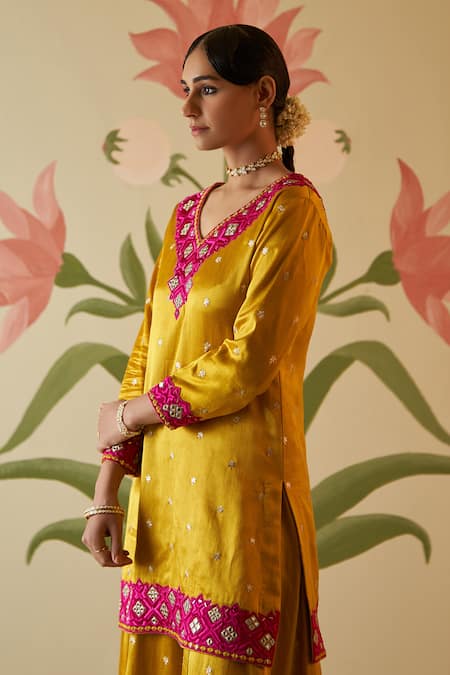 Shop_Angad Singh_Yellow Satin, Silk, Crepe Embroidery, Zari, Mirrors Resham Kurta Sharara Set _Online_at_Aza_Fashions