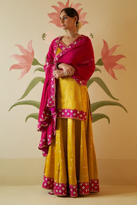 Buy_Angad Singh_Yellow Satin, Silk, Crepe Embroidery, Zari, Mirrors Resham Kurta Sharara Set 
